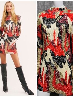 RARE Free People Life Of The Party Red Black & Gold Sequin Mini Dress S MSRP$450